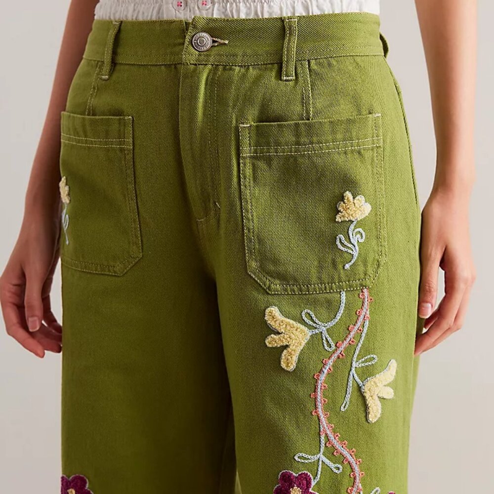 Free People Olive Green Wide-Leg Embroidered Jeans - Picture 4 of 4